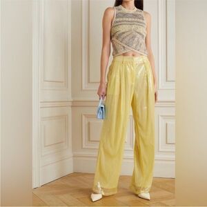 Staud NWT Luisa Pleated Sequined Wide Leg Pants Yellow Size 0 MSRP $450